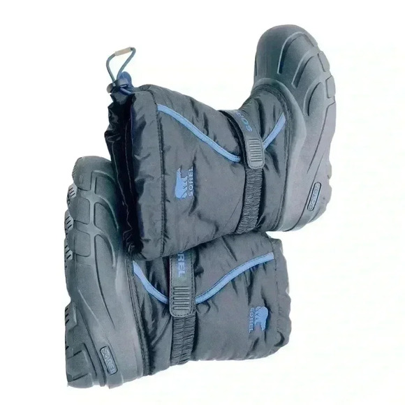 SOREL BIG KIDS WATERPROOF SNOW BOOTS BLACK/BLUE SIZE4 PREOWNED GREAT CONDITION - Picture 7 of 9